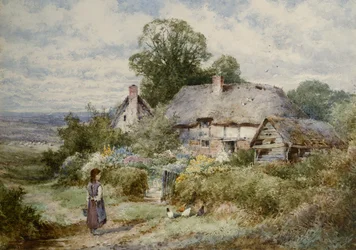 Giovane ragazza che nutre i polli fuori da un cottage