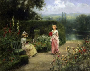 Giovani donne in un giardino della campagna inglese. Dipinto di Yeend King (1855-1924) Collezione privata.