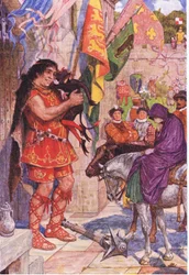 Flibbertibbet vestito da diavolo pacifica il gigante quando Wayland porta Amy al Castello di Kenilworth, illustrazione da Kenilworth, c.1910
