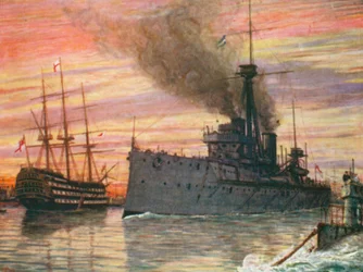 Nel porto di Portsmouth nel 1909, la "Dreadnought" e la "Victory" (litografia a colori)