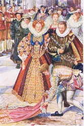 Walter Raleigh sacrifica il suo mantello per la Regina Elizabeth, illustrazione da Kenilworth, c.1910