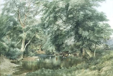 Paesaggio con cervi che bevono da un fiume