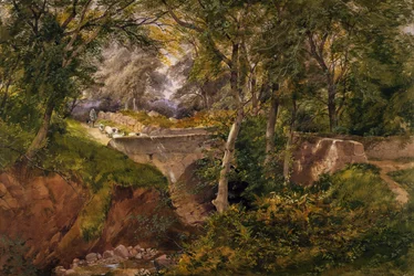 Paesaggio boscoso con pecore che attraversano un ponte, 1868