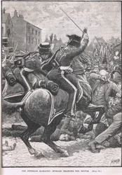 Il massacro di Peterloo con gli ussari che caricano la folla, illustrazione da 