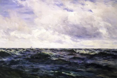 Paesaggio marino, con un segno di barca a sinistra e un cutter rappresentato nel mezzo di una gara a destra, entrambi rappresentati a grande distanza