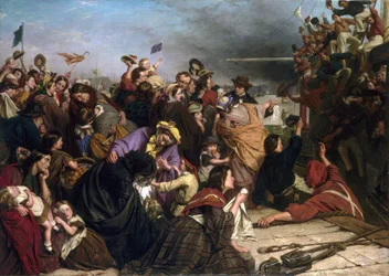 Addio degli immigrati, su un molo nel Tamigi (Inghilterra), descrizione di gruppi di persone di tutte le età e classi sociali, così come i marinai in camicie rosse e blu sulla barca che salutano la folla