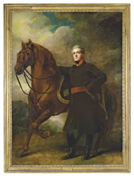Ritratto di Alexander Douglas-Hamilton, 10° Duca di Hamilton e 7° Duca di Brandon, a figura intera, in uniforme, con il suo cavallo arabo, in un paesaggio