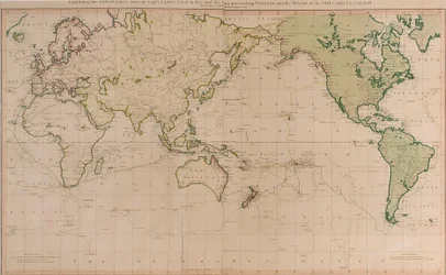 Carta generale che mostra le scoperte fatte dal capitano James Cook in questo e nei suoi due precedenti viaggi con le rotte delle navi sotto il suo comando. Di tenente Roberts della Marina di Sua Maestà