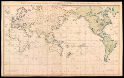 Carta generale che mostra le scoperte fatte dal Capitano James Cook in questo e nei suoi due precedenti viaggi con le rotte delle navi sotto il suo comando
