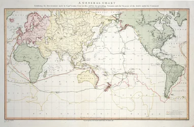 Carta generale che mostra le scoperte fatte dal Capitano James Cook nei suoi tre viaggi con le rotte delle navi sotto il suo comando. Di Tenente Roberts della Marina di Sua Maestà