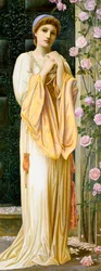 "A Fair Maid" Giovane donna vestita in stile antico, con collana di perle. Dipinto di Henry Ryland (1856-1924) (pre-rafaelita) 1901 Collezione privata
