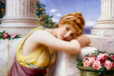 "Sogni ad occhi aperti" reves évees, jeune fille songeuse sur une terrasse en marbre a l