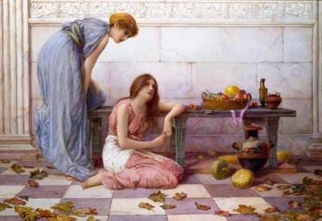 "Fiori e frutta" Donne drappeggiate con espressioni malinconiche nel cortile di una villa antica. Dipinto di Henry Ryland (1856-1924)
