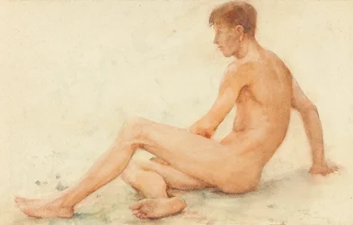 Studio di un nudo maschile seduto, girato verso destra
