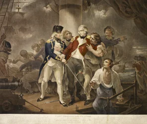 Cap. Trollope nella Glatton di 54 Caronade che Ingaggia uno Squadrone Francese di 8 Navi da Guerra con 230 Cannoni, inciso da James Daniell, 1797