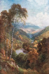 Guardando il passo di Killiecrankie, Perthshire (litografia a colori)