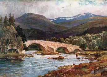 Old Mar Bridge e Lochnagar, Aberdeenshire (litografia a colori)