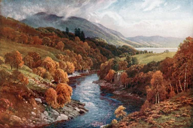 Il fiume Awe che scorre verso Loch Etive, Argyllshire (litografia a colori)