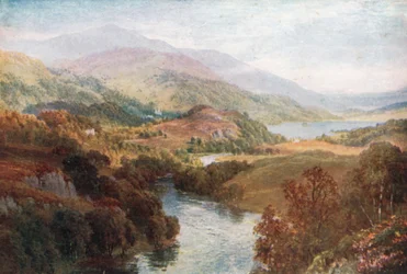 Il fiume Teith, con i laghi Achray e Vennachar, Perthshire (litografia a colori)