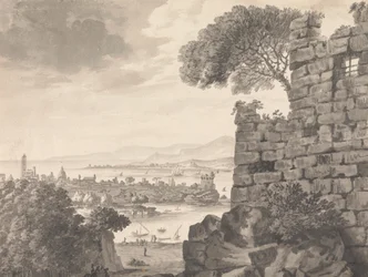 Paesaggio con rovine in primo piano, porto e villaggio sullo sfondo