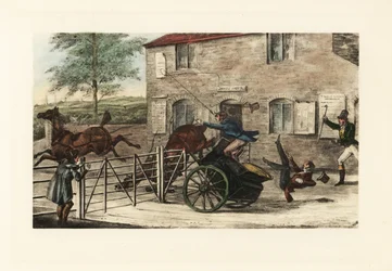 Gentiluomini inglesi in una carrozza a due cavalli che cercano di saltare un cancello a pedaggio