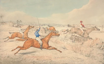 Corsa a ostacoli: quattro cavalieri superano un fosso e un oxer
