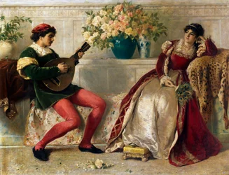 "Un giovane musicista che suona per una signora, riccamente vestita di velluto, con un ventaglio di piume di pavone in mano, si appoggia a una pelle d