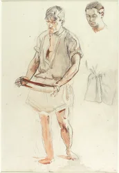 Uomo in piedi: studi della testa e della camicia