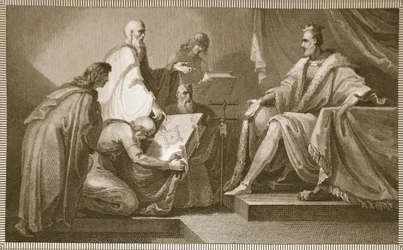 Domesday Book presentato a Guglielmo I, inciso da J. Fittler, illustrazione da 