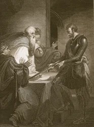 Il conte Warenne giustifica i titoli delle sue proprietà, inciso da J. Fittler, illustrazione da 