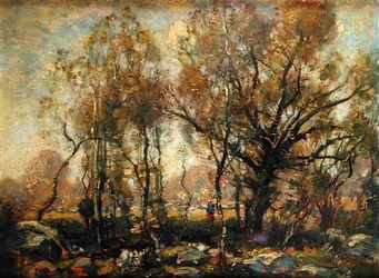 Figura in un paesaggio boscoso