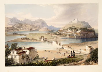 San Sebastian, da Schizzi di paesaggi nelle province basche della Spagna, con una selezione di musica nazionale, pub. 1838 (incisione colorata a mano)