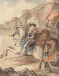 Un ufficiale di cavalleria (Enrico IV) che guida una carica fuori da un castello