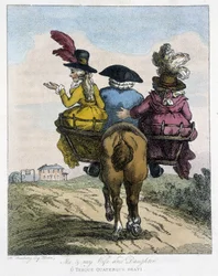 Io con mia moglie e mia figlia - in "Caricature inglesi sui modi di cavalcare un cavallo", ill. di H. W. Bunbury, ed. John Stockdale