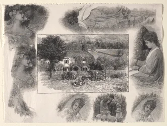 Paesaggio con cottage e mucche circondato da vari schizzi