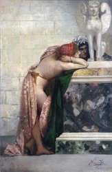 Due figure accanto a una statua di Sfinge, 1870s