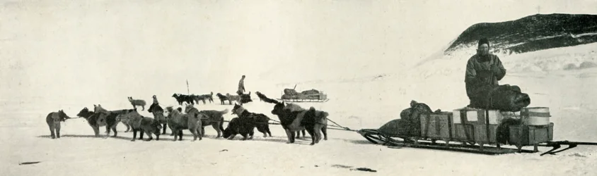 Meares e Demetri con le loro squadre di cani che lasciano Hut Point, c1911, 1913