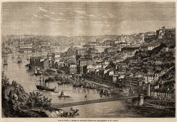 Vista di Porto, disegno di Catenacci, per illustrare il viaggio di Olivier Merson nelle province settentrionali del Portogallo nel 1857. Incisione in "Le tour du monde" 1861. Collezione Selva