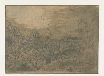 Paesaggio roccioso con un uomo che cammina verso destra, prima versione