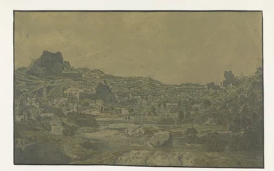 Valle con un fiume e una città con quattro torri