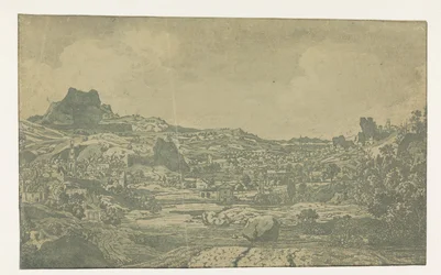 Valle con un fiume e una città con quattro torri