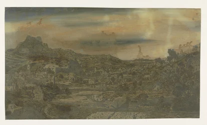 Valle con un fiume e una città con quattro torri