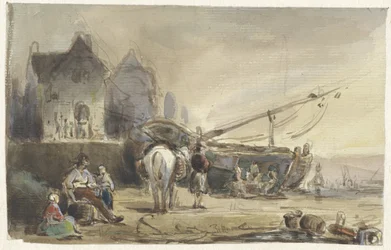 Veduta della spiaggia con barche e pescatori