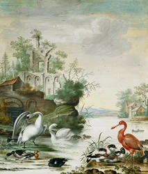 Cigni, un spatola, un germano reale, un fischione e altre anatre su un fiume sotto una rovina, 1694