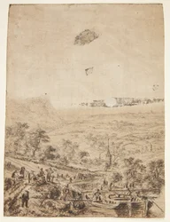 Paesaggio panoramico con contadini, pescatori e una chiesa di villaggio