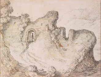 Paesaggio roccioso con rovine, formando il profilo di un volto umano