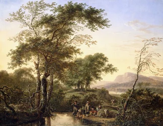 Un ampio paesaggio fluviale italianeggiante con viaggiatori vicino a una pozza, 1646