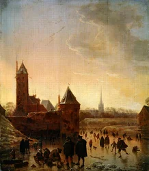 Pattinaggio sul ghiaccio davanti alle mura della città di Utrecht