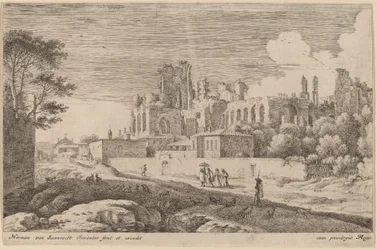 Paesaggio con rovine e donna con parasole