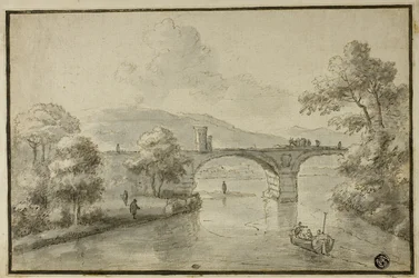 Fiume con ponte ad arco e barca
